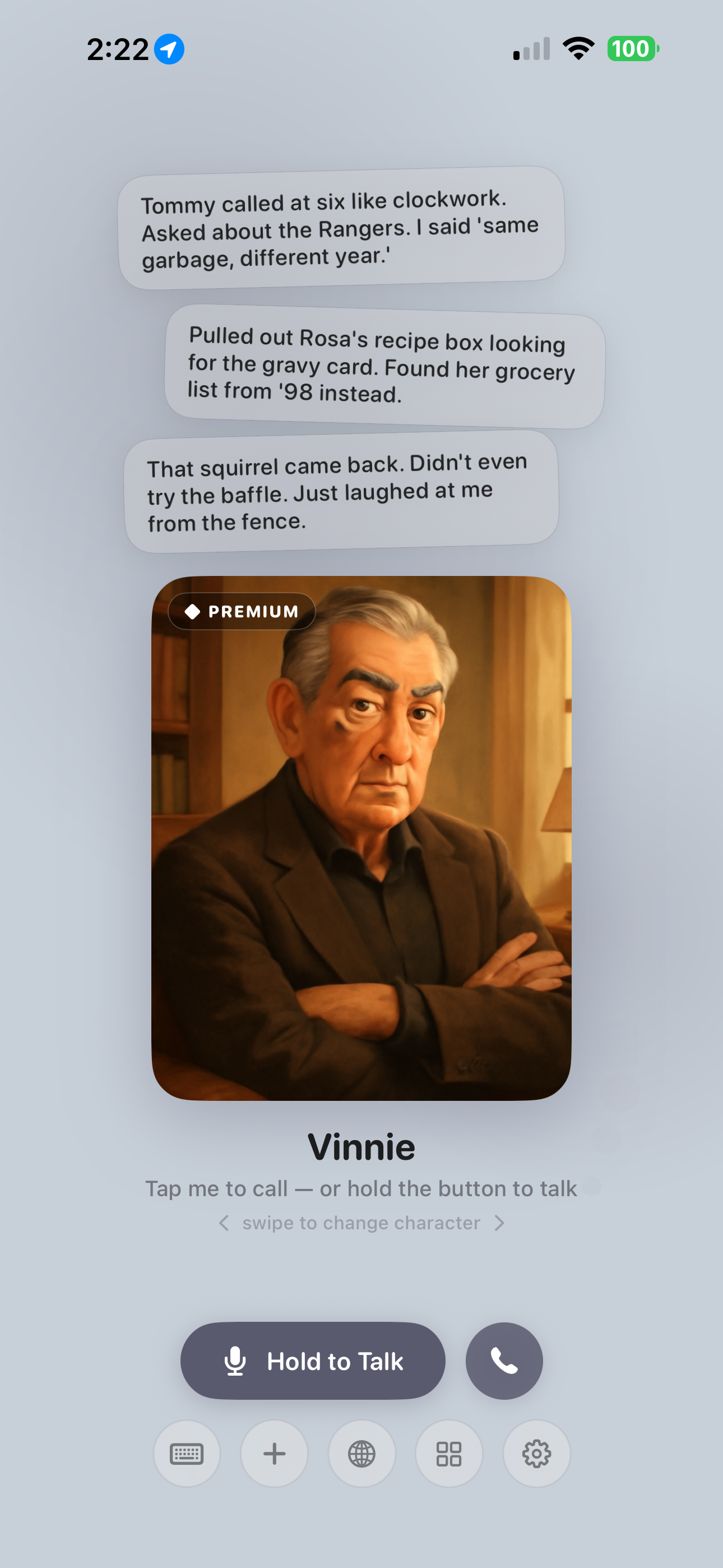 Vinnie on the home screen, with the small things that happened to him today